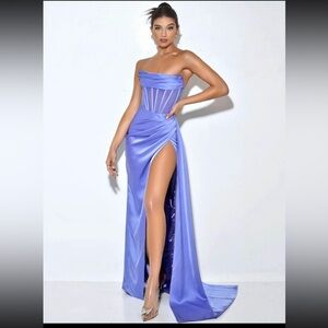 Miss Circle Prisa Very Peri High Slit Satin Corset Gown